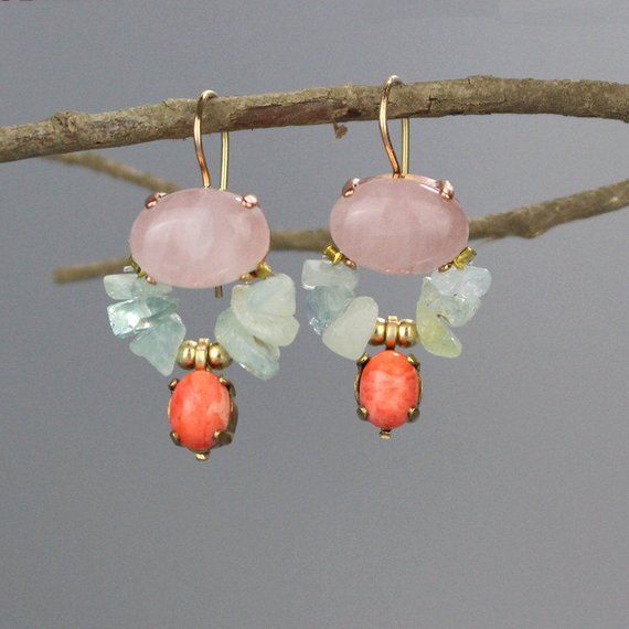 Colorful Boho Wedding Earrings, Delicate Earrings, Rose Quartz Aquamarine Butterfly Earrings, March Natural Stones Drop Earrings For Wedding, Bohemian Wedding Earrings With Gemstones, Pink Earrings With Gemstone Accents For Gift, Pink Gemstone Accented Earrings For Gift, Pink Natural Stones Wedding Earrings, Pink Gemstone Earrings For Gift, Pink Gemstone Accents Earrings For Gifts, Wedding Pink Earrings With Natural Stones, Pink Gemstone Earrings For Wedding