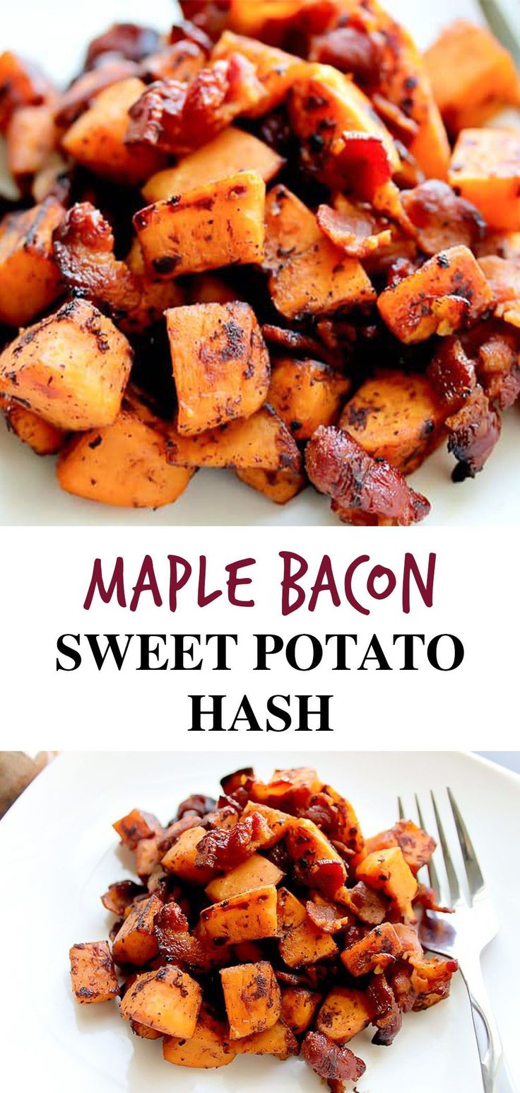 maple bacon potato hash browns on a white plate