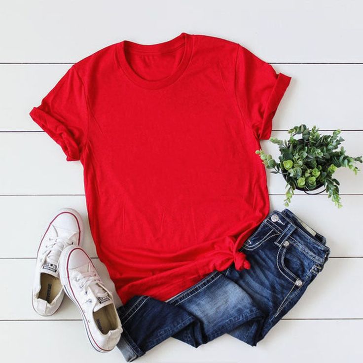 Loose Solid Printing Color Short-sleeved T-shirt Fashion Round Neck Men's Women's Top Mock Up T Shirt, Plain Shorts, Clothing Mockup, Plain Tees, Plain Shirts, Red Tshirt, Plain Tshirt, Tshirt Outfits, T Shirt Fashion