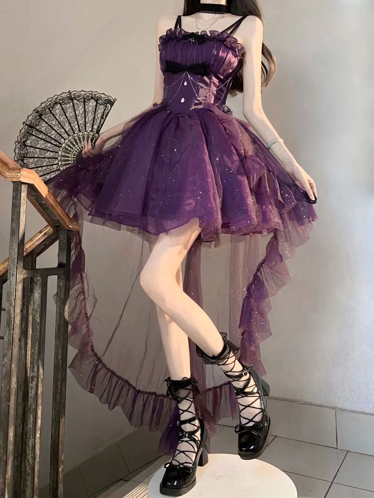 Fairy Lolita Women Dress Cute Girls Spaghetti Straps Glittering Pettiskirt Trailing Blue Princess Outfit References, Golden Birthday, Printed Pleated Skirt, Purple Outfits, Queen Dress, Pretty Prom Dresses, Fairytale Dress, Gorgeous Clothes, Pretty Dress