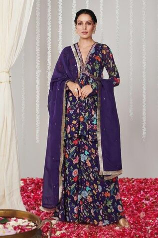 Purple kurta with floral print and sequin embroidery details. Paired with a printed sharara and dupatta. - Aza Fashions Purple Embroidered Palazzo Set For Festive Occasions, Embroidered Purple Palazzo Set For Festive Occasions, Festive Purple Palazzo Set With Floral Embroidery, Purple Palazzo Set With Floral Embroidery For Wedding, Purple Floral Embroidery Palazzo Set For Wedding, Wedding Purple Palazzo Set With Floral Embroidery, Anarkali Style Purple Palazzo Set With Floral Embroidery, Anarkali Palazzo Set With Floral Embroidery In Purple, Embroidered Purple Palazzo Set For Festivals