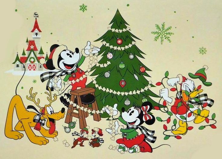 mickey mouse and friends around the christmas tree