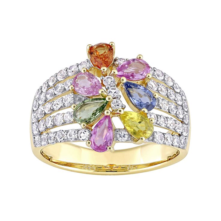 Featuring an array of colorful sapphire stones, this Stella Grace cluster ring adds a vibrant touch to any outfit.Click on this JEWELRY & WATCHES GUIDE to learn about fit, styles, materials and more! Metal: 14k gold Packaging: boxed Width: 14.8 mm Finish: polishedSTONE DETAILS Stone type: blue sapphire, pink sapphire, white sapphire, orange sapphire, yellow sapphire, green sapphire Total weight: 2 9/10 ct. Shape: pear, round Setting: prong Gemstones may have been treated to enhance their appeara Multicolor Brilliant Cut Sapphire Ring For Formal Occasions, Multicolor Sapphire Multi-stone Ring, Multicolor Multi-stone Sapphire Ring, Multicolor Sapphire Ring With Prong Setting For Formal Occasions, Multicolor Brilliant Cut Sapphire Diamond Ring, Multicolor Sapphire Ring In Fine Jewelry Style, Elegant Multicolor Brilliant Cut Sapphire Ring, Formal Multicolor Sapphire Ring With Prong Setting, Multicolor Sapphire Ring With Brilliant Cut