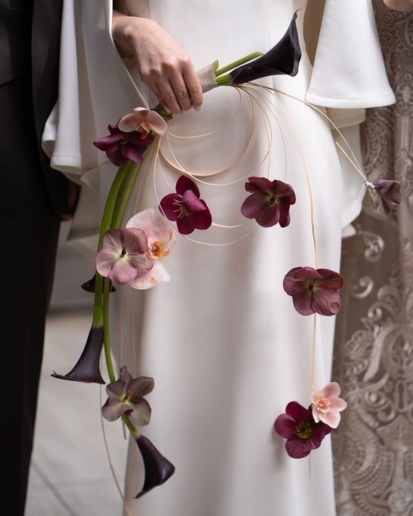 a bride and groom holding flowers in their hands