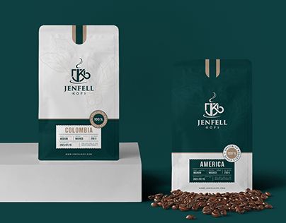 two bags of coffee sitting on top of each other next to some beans and one bag of coffee