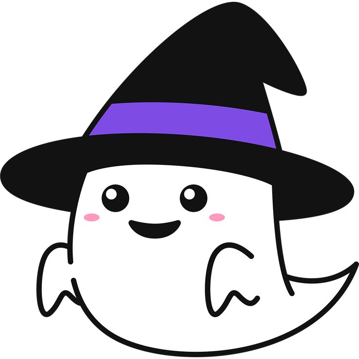 a white ghost with a black hat and purple nose wearing a witch's hat