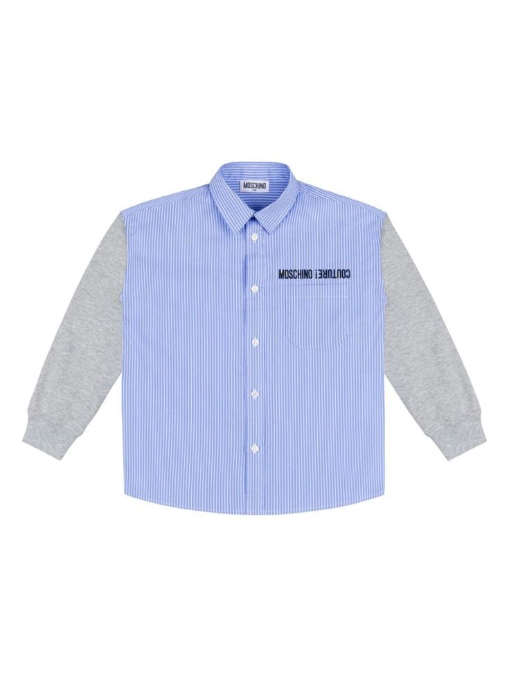 blue cotton blend long sleeves ribbed cuffs front button fastening embroidered logo at the chest Blue Long Sleeve Shirt With Contrast Stripes, Blue Cotton Tops With Ribbed Collar, Blue Cotton Top With Ribbed Collar, Blue Cotton Shirt With Contrast Stripes, Blue Long Sleeve Shirt With Striped Collar, Cotton Button-up Top With Contrast Stripes, Striped Long Sleeve Shirt With Button Cuffs, Classic Long Sleeve Tops With Striped Cuffs, Casual Blue Shirt With Contrast Stripes