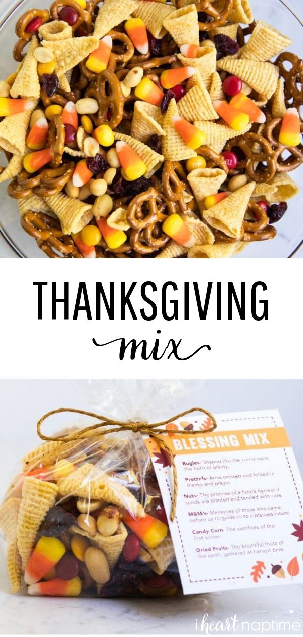 thanksgiving mix in a glass bowl next to a bag filled with candy