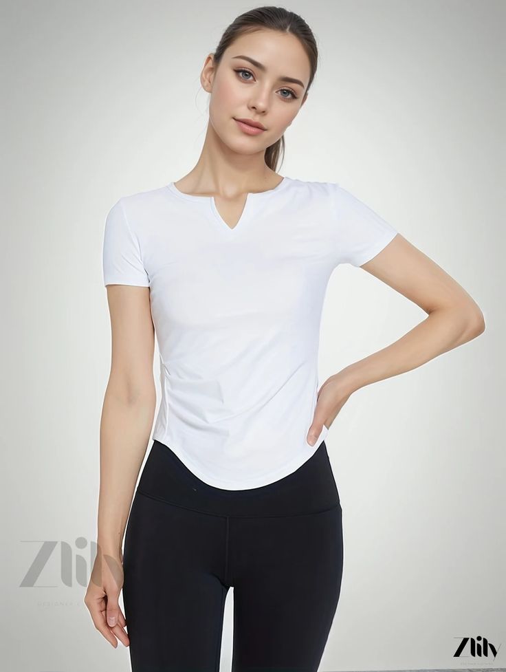 Zlily - Womens Solid-color V-neck Quick-drying Short-sleeved T-shirt - Perfect for Sports, Fitness, Yoga, and Running - Premium Activewear Solid V-neck Athleisure Top, Sporty Stretch V-neck Tops, Sportswear T-shirt For Exercise, Sporty Go-dry Short Sleeve Tops, Short Sleeve Sports Tops With Go-dry Technology, Casual White Stretch V-neck Top, White Breathable Short Sleeve Tops, White Sporty T-shirt For Light Exercise, White Fitted V-neck Activewear