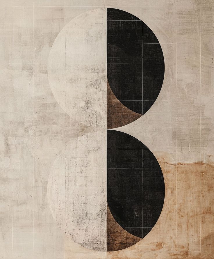 an abstract painting with black and white circles on the bottom half of it, in neutral tones