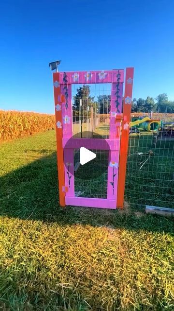 a pink and orange dog kennel sitting on top of a grass covered field next to a