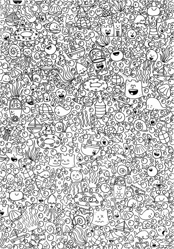 an abstract coloring page with lots of different faces and shapes in black on white paper