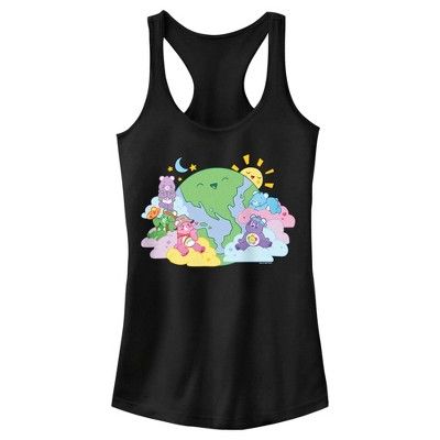 Welcome to the wonderful and adorable world of Care Bears! From cuddly stuffed bears to tv shows and movies, the Care Bears have it all! Grab yourself an officially licensed Care Bears design for the whole family this International Earth Day and spread a little joy! This Juniors' Camping Bears Graphic Racerback Tank Top features the lovable Share Bear, Good Luck Bear, Cheer Bear, Harmony Bear, and Wish Bear enjoying a camping party and different activities while a happy planet is spotted in the Summer Cartoon Print Tops In Pop Culture Style, Cute Multicolor Cotton Tank Top, Summer Pop Culture Tops With Cartoon Print, Cute Cotton Racerback Tank Top, Black Care Bear, Cute Summer Racerback Tank Top, Cute Racerback Tank Top For Summer, Cute Multicolor Sleeveless Tank Top, Cute Graphic Print Tank Top