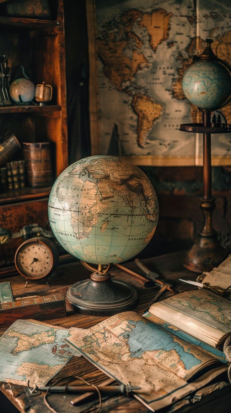 an old world globe sitting on top of a desk next to other books and clocks