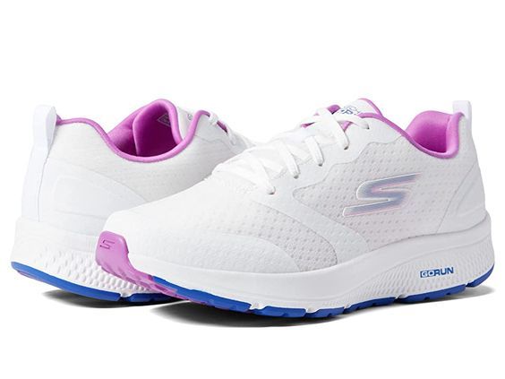 SKECHERS Go Run Consistent - Intensify - Women's Shoes : White/Purple : Work out with full intensity wearing the SKECHERS Go Run Consistent - Intensify Shoes. Textile and synthetic upper. Textile lining and insole. Cushioned midsole. Air-Cooled Goga Mat breathable insole gives high cushioning. Ortholite comfort foam insole layer. Breathable mesh. Pull tab for easy on/off. Lace-up closure. Signature brand logo detailing on upper. Synthetic outsole. Imported. Measurements: Weight: 8 oz. Measuremen Synthetic Sneakers With Gel Cushioning And Round Toe, Synthetic Slip-on Running Shoes With Air Max Cushioning, Low-top Synthetic Walking Shoes With Gel Cushioning, Sneakers With Gel Cushioning And White Sole, Sneakers With Gel Cushioning And Round Toe White Sole, White Lace-up Sneakers With Gel Cushioning, Synthetic Running Shoes With Air Cushioning And Round Toe, High-top Synthetic Walking Shoes With Air Max Cushioning, Synthetic Slip-on Sneakers For Running Errands