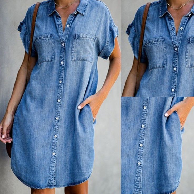 Womens Blue Jean Denim Shirt Casual Short Sleeve Oversized Denim Jacke Shirt for Spring Outfit Relaxed Fit Denim Blue Chambray Dress, Chambray Denim Dress With Relaxed Fit, Summer Medium Wash Button-up Denim Top, Casual Summer Button-up Denim Top, Oversized Dark Wash Denim Dress, Casual Dark Wash Denim Top For Summer, Light Blue Relaxed Fit Denim Top For Summer, Dark Wash Button-up Denim Top For Summer, Summer Relaxed Fit Denim Blue Denim Top