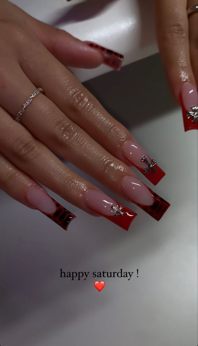 Red Nail Acrylic Ideas, Fuerza Regida Nail Ideas, Nails Acrylic Edgy, Nails Acrylic Designs Red, Red Set Nails, Nail Inspo 2024 Square, Short Red Bottom Nails, Junior H Nails, Red French Tip Square