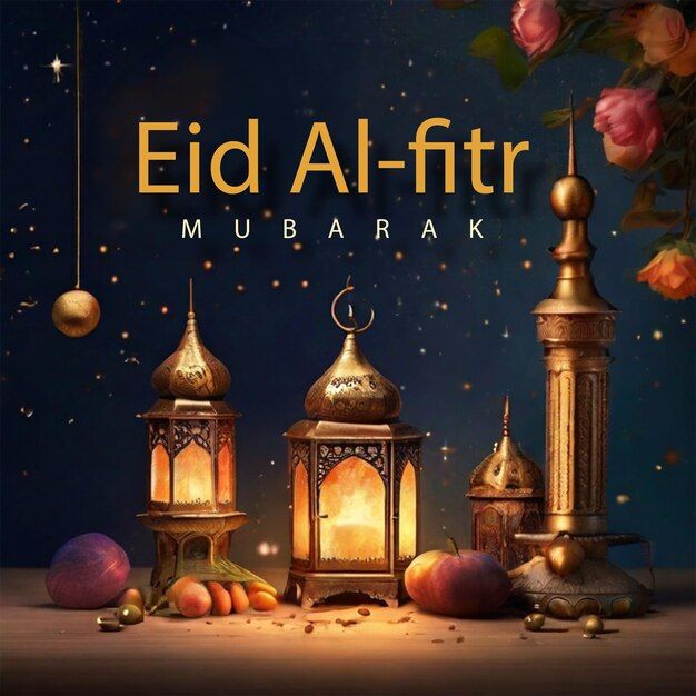 eid al - fitr mubarak with lanterns and flowers in the background