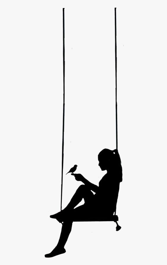 a woman sitting on a swing with a bird in her hand and holding a book