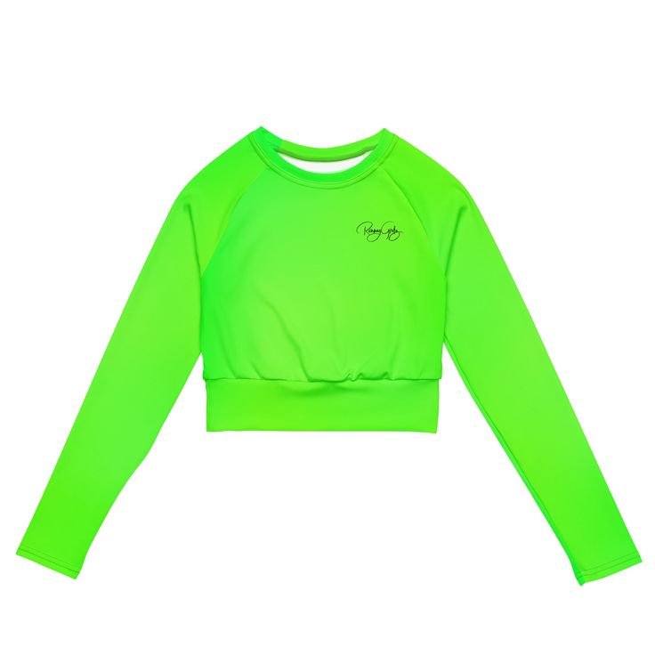 This long-sleeve crop top is made of recycled polyester and elastane, making it an eco-friendly choice for swimming, sports, or athleisure outfits. The crop top has a tear-away care label and a wide, double-layered waistline band for a comfortable fit. Solid color with "Runway Girlz" on the side. • Fabric composition in Europe: 88% recycled polyester, 12% elastane • Fabric weight in Europe: 6.78 oz/yd² (230 g/m²) • Fabric composition in Mexico: 81% REPREVE recycled polyester, 19% LYCRA® XTRA LIF Sporty Long Sleeve Crop Top For Workout, Sport Long Sleeve Crop Top With Thumbholes, Sports Long Sleeve Crop Top With Thumbholes, Sporty Long Sleeve Crop Top With Thumbholes, Long Sleeve Crop Top With Thumbholes For Sports, Green Sporty Rash Guard, Long Sleeve Moisture-wicking Sports Crop Top, Long Sleeve Moisture-wicking Crop Top For Sports, Sporty Long Sleeve Moisture-wicking Crop Top