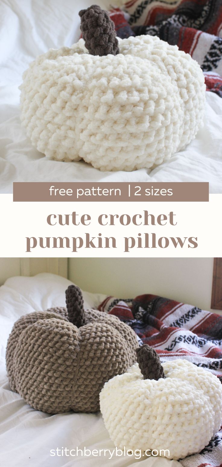 two crocheted pumpkin pillows sitting on top of a bed