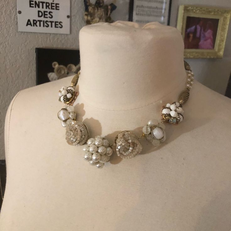 A Perfect Addition To Your Bridal Ensemble! This Necklace Was Created With All Vintage Beads And Earrings. Measures 18 1/2”. Gold Spring Ring Clasp. Pearl Seed Bead Chains, Mcm Gold Spacer Beads And Stunning White Pearl And Glass Earrings. Gorgeous!!! Vintage/Handmade/Repurposed/Retro/Upcycled/Beaded/Pearl/Bridal/Wedding/Gold/White/Antique *Shirt Sold Separately Vintage Pearl Embellished Jewelry Gift, Vintage Pearl White Pearl Jewelry, White Metal Necklace With Vintage Charm, White Pearl Jeweled Jewelry, White Jeweled Pearl Jewelry, Handmade Vintage White Necklace, Adjustable Vintage Pearl White Jewelry, Vintage Adjustable Pearl White Jewelry, Antique White Pearl Necklaces