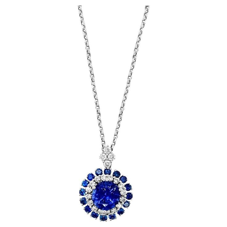 LeVian 18K White Gold Blue Sapphire Round Diamond Double Halo Pendant Necklace Blue Sapphire Diamond Pendant, Sapphire Diamond Pendant, Tanzanite Pendant, Blue Sapphire Necklace, Beautiful Gemstones, Oval Necklace, Round Sapphire, Blue Sapphire Diamond, Halo Pendant