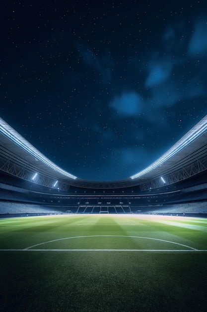 an empty soccer stadium at night with bright lights on the stands and green grass in the foreground