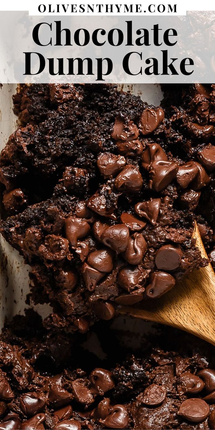 chocolate dump cake in a baking pan with a wooden spoon and title text overlay