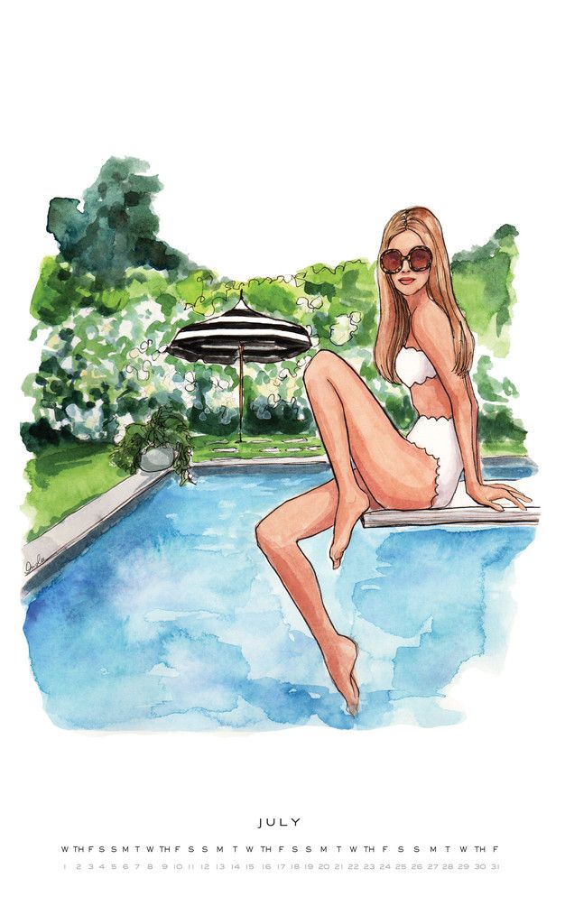 a watercolor painting of a woman in a white swimsuit sitting by a pool