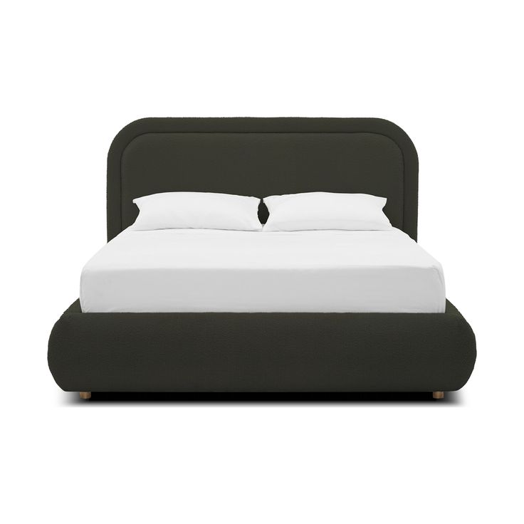 an upholstered bed with white pillows and black headboard, on a white background