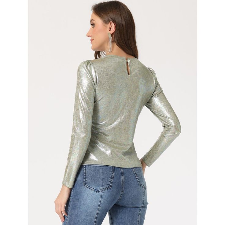 The metallic fabric adds multi-shine to this comfy and casual puff-sleeve top. Patterned in metallic, this round-neck shirt is suitable for a night out, club, and parties. Wear it with wide-leg trousers or style it with leather leggings and heels for the evening. It's designed with a round neck and puff sleeves and it has textured fabric that sets it apart from a more simplistic style. Stretch Long Sleeve Crew Neck Top For Party, Glamorous Long Sleeve Glitter Tops, Trendy Metallic Tops For Party, Stretch Glitter Tops For Fall, Casual Long Sleeve Crew Neck Top For Party, Casual Crew Neck Long Sleeve Top For Party, Glamorous Metallic Tops For Fall, Gold Long Sleeve Party Top, Gold Long Sleeve Top For Party