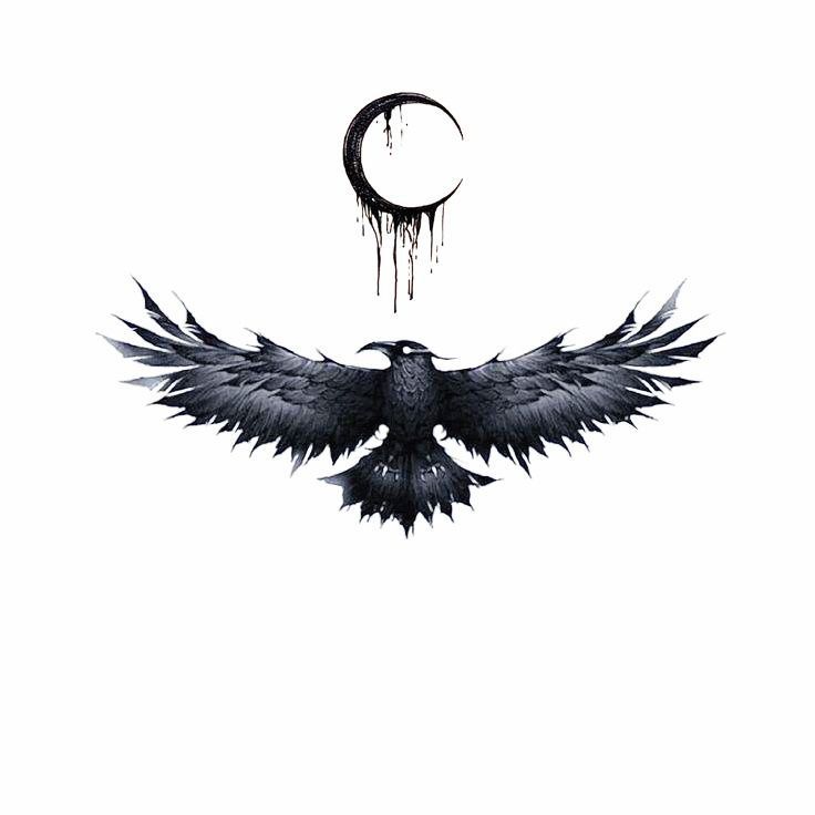 a black bird flying in the air next to a crescent moon and dripping blood on it's wings