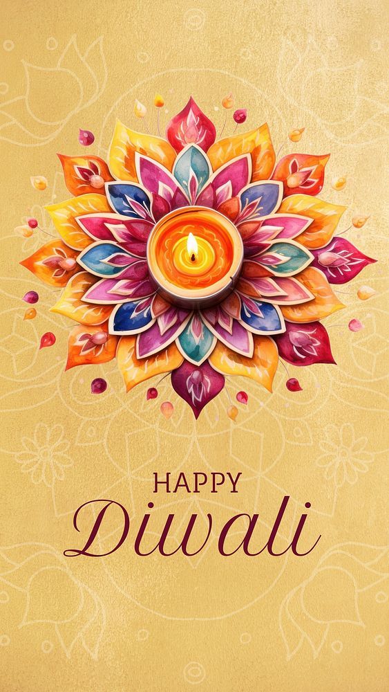 happy diwali greeting card with colorful flowers and a lit candle in the middle