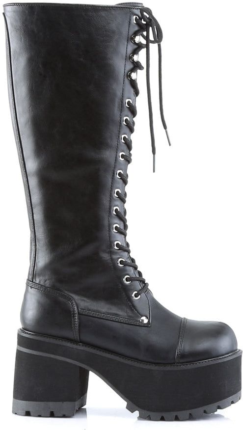 3 3/4" Block Heel Goth Punk Platform Knee Boot with Side Zipper - Fit Guide: True to Size - Heel Height: 3 3/4" Heel - Brand: Demonia - Unisex (Sizes are shown in Men's), Women order up 2 Sizes - Country of Origin: Imported Gothic Faux Leather Boots For Alternative Fashion, Gothic Faux Leather Moto Boots For Alternative Fashion, Alternative Leather Platform Boots For Concert, Punk Leather Platform Boots For Concert, Black Faux Leather Moto Boots In Alternative Style, Black Gothic Combat Boots For Concerts, Punk Faux Leather Boots, Alternative Style Faux Leather Moto Boots, Alternative Style Faux Leather Boots For Concert