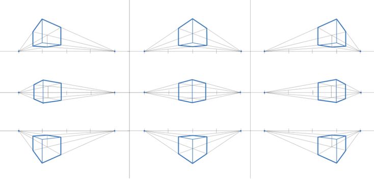 six different angles to draw an object in the shape of a house, with blue lines on