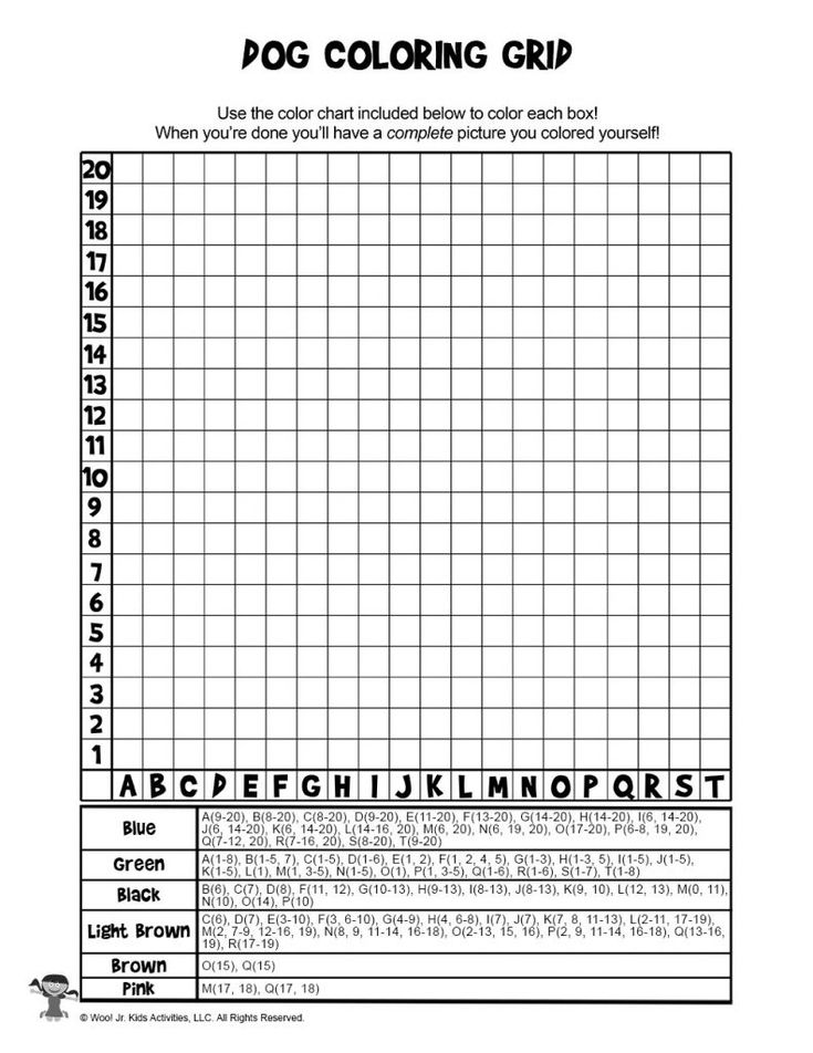 the printable dog coloring grid is shown in black and white, with letters on it