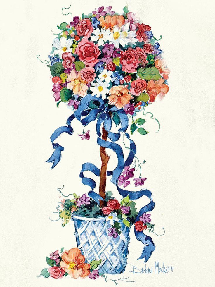 a watercolor painting of a bouquet of flowers in a basket with blue ribbon on top