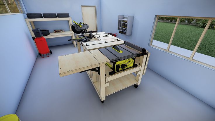 a workbench with tools on it in a room that is blue and green