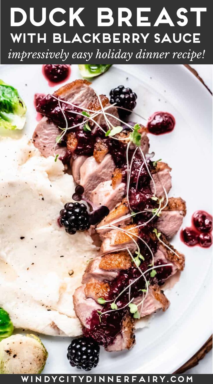 a white plate topped with meat and berries