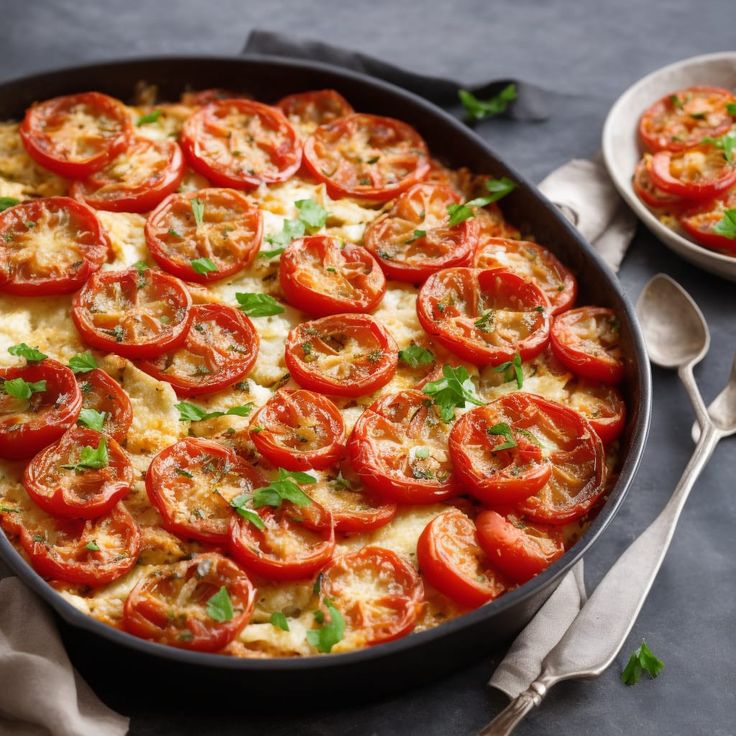 a pan filled with tomatoes and cheese on top of a table next to silverware