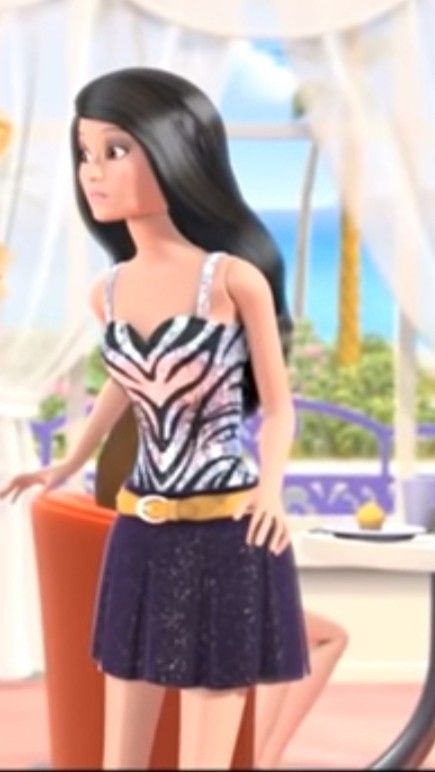 a girl in a zebra print top and purple skirt standing next to a table with food on it