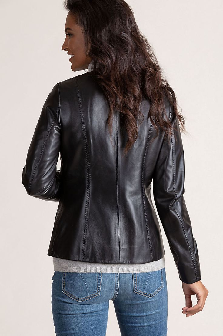 Alessandra Italian Lambskin Leather Jacket | Overland Pick Stitch, Womens Biker Jacket, People Clothes, Lambskin Leather Jacket, Princess Seams, Chic Look, Signature Look, Princess Seam, Leather Jackets Women