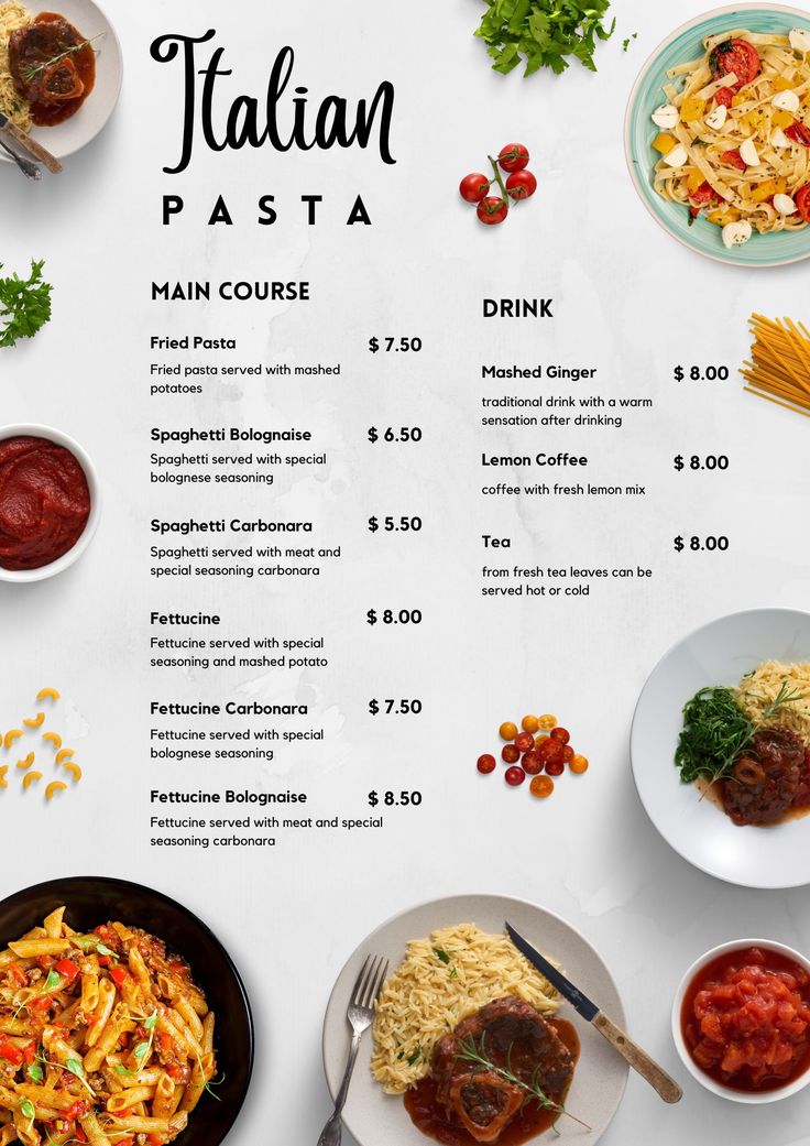 the italian pasta menu is displayed on a white table with plates and bowls full of food