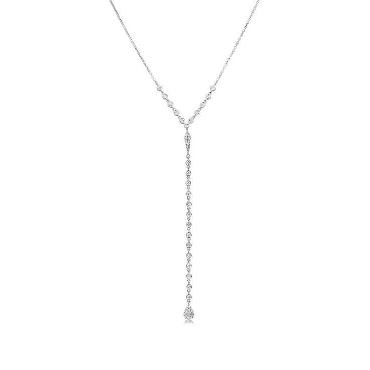 Meira T White Gold Diamond Lariat Necklace - ICE Luxury Adjustable White Gold Lariat Necklace, Luxury White Gold Lariat Drop Necklace, Luxury Long Drop Diamond Necklace With Adjustable Chain, Luxury Dazzling Single Strand Diamond Necklace, Luxury White Gold Lariat Necklace For Anniversary, Luxury Diamond White Rectangular Necklace, Luxury White Gold Beaded Chain Necklaces, Luxury White Gold Rectangular Diamond Necklace, Luxury Single Strand Dangle Necklaces