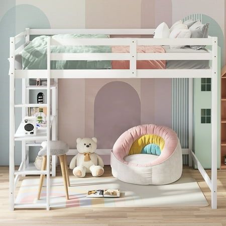 a white bunk bed with a pink and yellow pillow in the middle next to a teddy bear