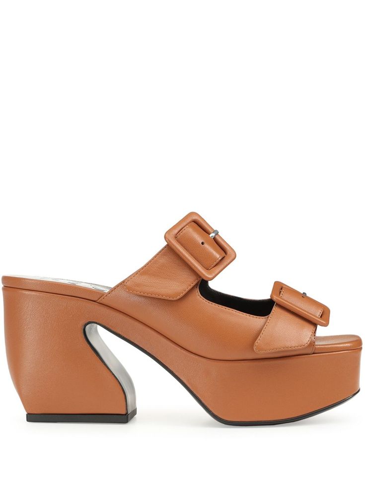 brown leather decorative buckle detailing slip-on style square open toe branded leather insole low sculpted heel leather sole Sandals Brown, Versace Outfit, Chanel 2, Summer Beach Wear, Sergio Rossi, Boots And Sneakers, Brown Sandals, Flat Boots, Ballet Flat Shoes