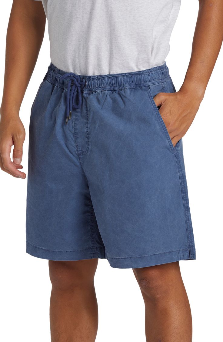 Roomy and relaxed, these shorts made of stretch-cotton poplin cinch comfortably at the waist and provide plenty of pockets for holding a day's essentials. 6 1/2" inseam; 22" leg opening; 12" front rise; 14" back rise (size medium) Elastic/drawstring waist Front slant pockets; back hook-and-loop patch pocket 98% cotton, 2% elastane Machine wash, tumble dry Imported Casual Bermuda Pull-on Shorts, Casual Cotton Drawstring Shorts, Blue Cotton Pull-on Shorts, Relaxed Fit Blue Shorts With Pull-on Style, Blue Pull-on Style Shorts, Casual Cotton Pull-on Shorts, Blue Pull-on Style Short Length Shorts, Casual Blue Bottoms With Functional Drawstring, Casual Blue Pull-on Shorts