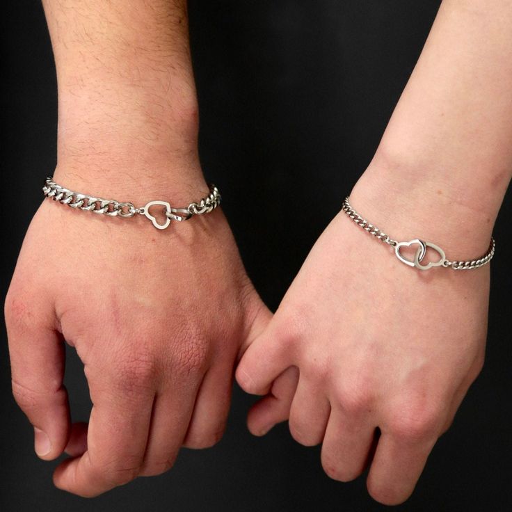 When ordering this product, You will receive Set of 2 Bracelets with Double connectors Hearts! ✦ DETAILS: * Chain - stainless steel; * Connectors - stainless steel; * Size is adjustable. SIZES OF BRACELETS: Woman: length - 16 cm of the main chain and plus 5 cm of adjustment, width - 3,7 mm; Men's: length - 18 cm of the main chain and plus 5 cm of adjustment, width - 6 mm;  You can also measure the size of a girl's and a boy's wrist, write to us in a message, and we in turn will make bracelets individually for you) You can also buy our signature gift box for $4 to make a surprise (gift) for your significant other♥  The gift box includes:  * chewing gum Love is...;  * filler; * foam pad for fixing products; * tape. If you have any questions or want to make an individual order, send us a mess His And Hers Bracelets, 2 Couples, Couples Bracelets, Make Bracelets, Couple Bracelets, Chewing Gum, Double Heart, Surprise Gift, Matching Bracelets