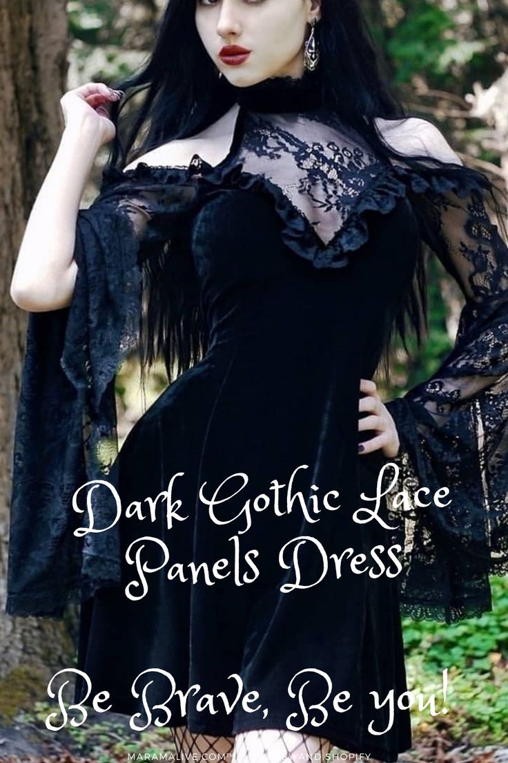 Make a dramatic entrance in our Little Black Dress - Gothic Lace Panel Dress. This daring design puts a rebellious twist on the classic LBD, blending Victorian elegance with punk edge for a look uniquely you. The fitted black crepe bodice flatters your figure while the sheer lace paneling on the sleeves and skirt adds gothic allure. Strategically placed lace cutouts reveal a peek of skin, keeping the look flirty yet modest. The delicate floral lace motifs contrast beautifully against the solid b Black Corset Dress For Fall Costume Party, Black Edgy Corset Dress For Cosplay, Edgy Black Corset Dress For Cosplay, Black Gothic Corset Dress For Alternative Fashion, Black Punk Corset Dress For Costume Party, Black Dress For Halloween Alternative Fashion, Black Dress For Alternative Fashion Halloween, Fitted Punk Style Costume Dress, Punk Style Fitted Costume Dress